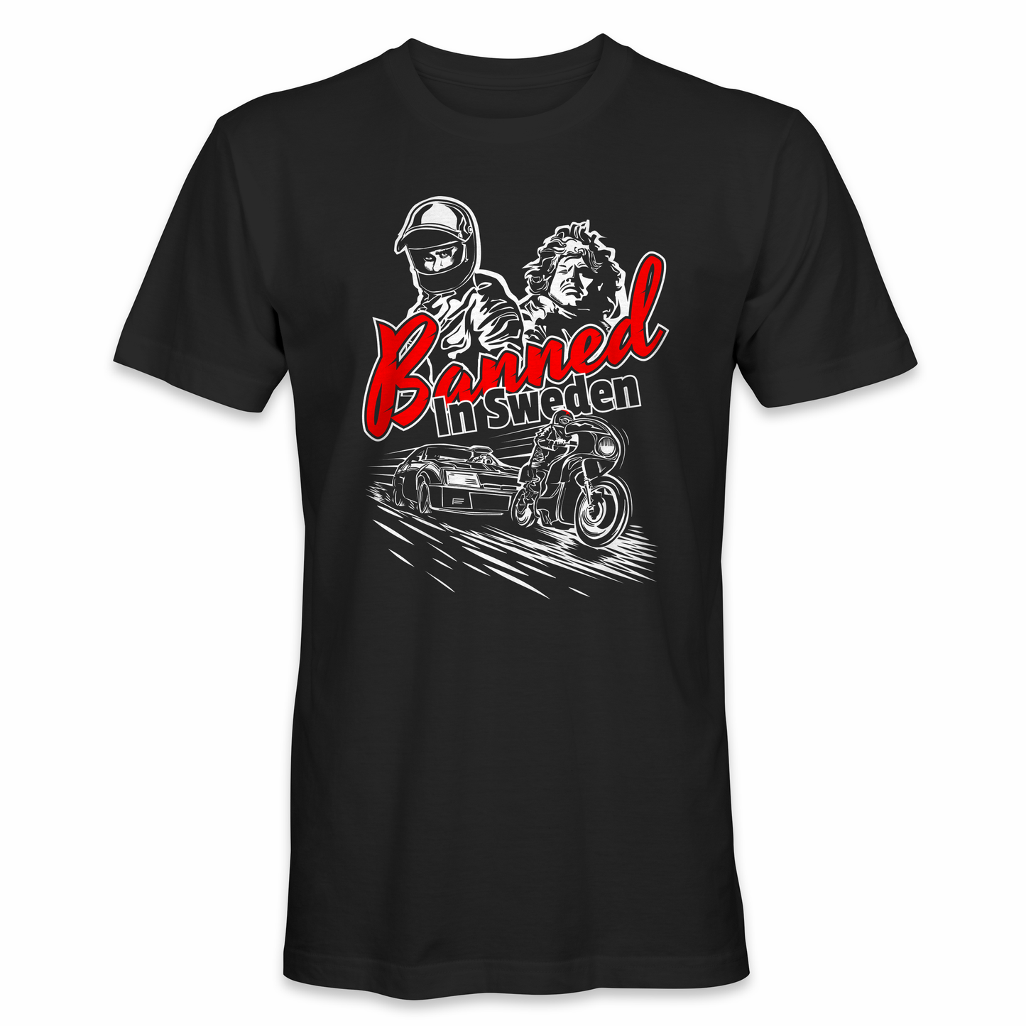 "A high-resolution close-up image of the Mad Max T-shirt, highlighting the intricate details of Chris Gentle's artwork. The design features Max Rockatansky in his iconic leather jacket, surrounded by dystopian elements, including rugged vehicles and towering sand dunes."