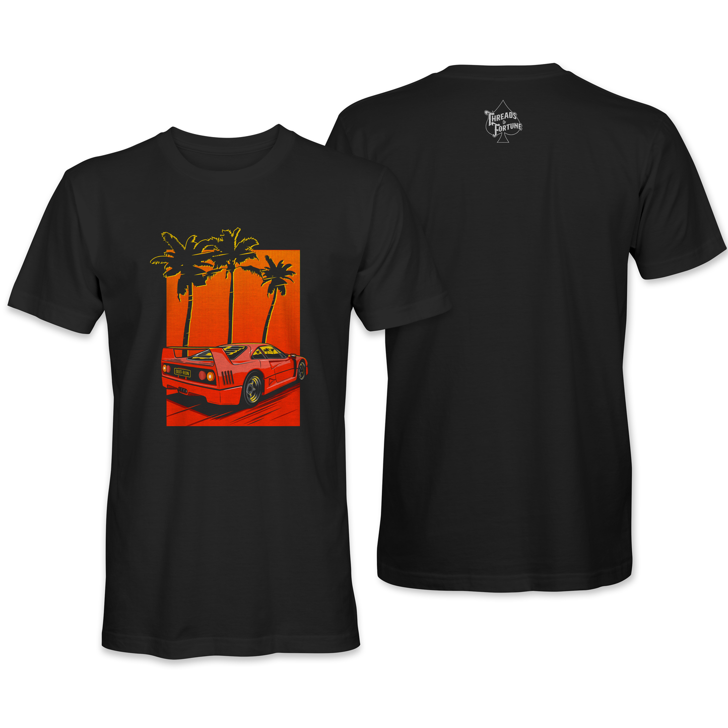 Vintage aesthetic t-shirt: Black cotton canvas adorned with a sunset-infused Ferrari F40 artwork, creating a fusion of classic car admiration and Out Run vibes.