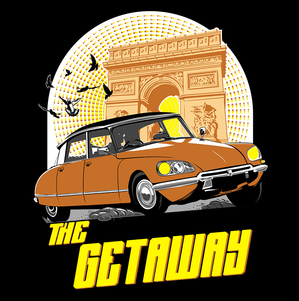 "Parisian escape captured on a t-shirt: Citroën DS drifts through the streets, embodying the thrill of a cinematic chase in the heart of France."
