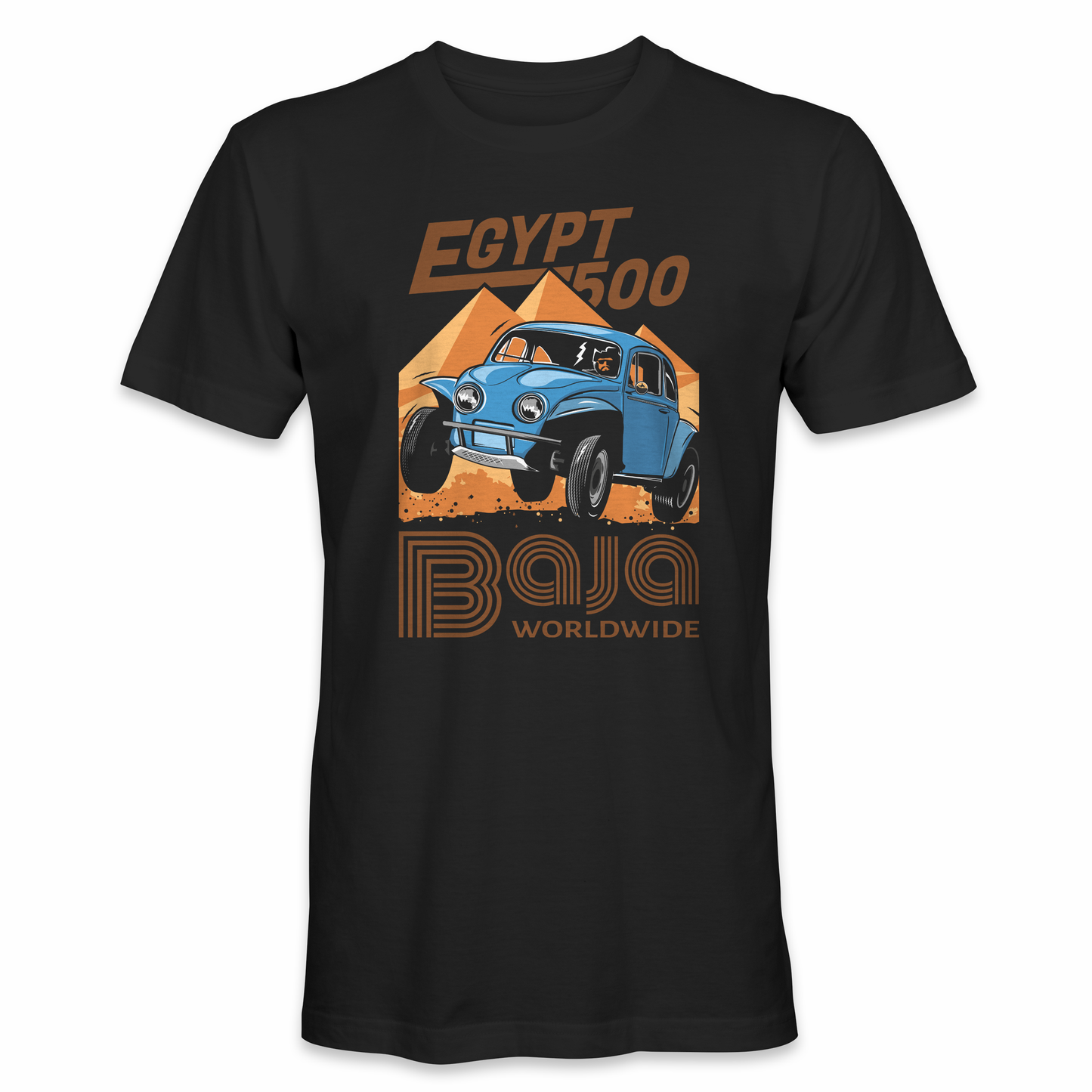 "Threads of Fortune Volkswagen Baja Beetle Adventure T-Shirt - Retro-themed shirt featuring a classic VW Baja Beetle racing through an Egyptian desert landscape, capturing the spirit of '60s and '70s cross country races."