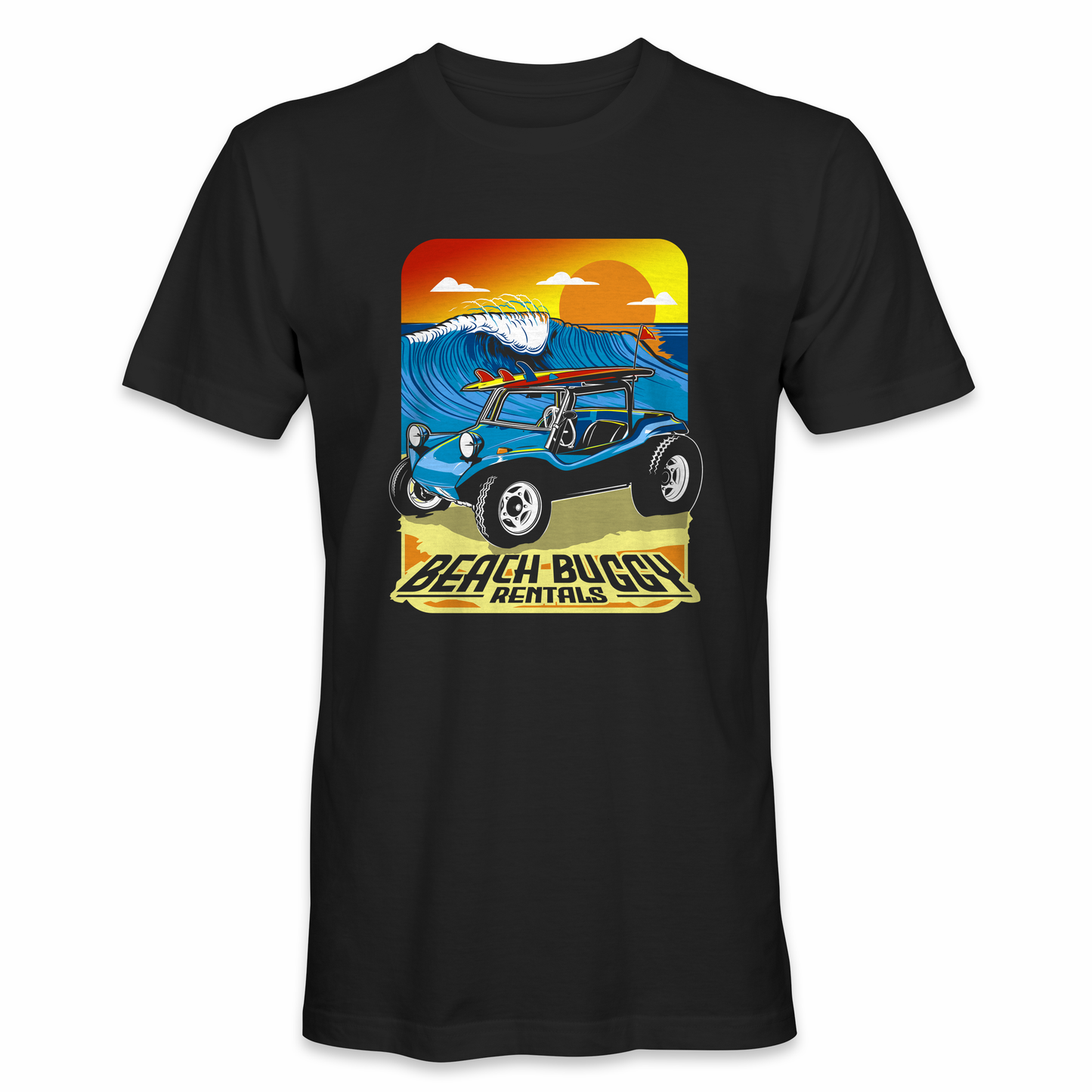 A Manx Beach buggy with large tires and a roll cage parked on the sand in front of a large wave breaking on the shore. The sky is orange and purple as the sun sets behind the horizon printed on 100% black cotton t-shirt