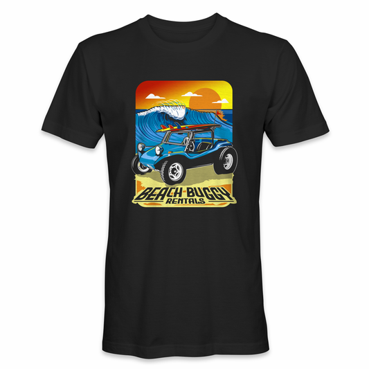 A Manx Beach buggy with large tires and a roll cage parked on the sand in front of a large wave breaking on the shore. The sky is orange and purple as the sun sets behind the horizon printed on 100% black cotton t-shirt