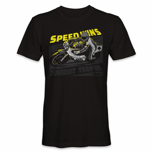 Vintage motorcycle tearing through '80s-style racetrack, sleek fairing, bold text above, nod to Tourist Trophy 1981 below. Captures die-hard fans in freezing conditions, embracing the thrill of vintage racing. Iconic design for those who live for the race.