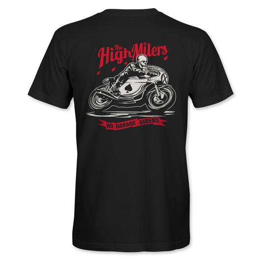 Cafe racer tshirt to celebrate the high miler riders, there's no such thing as too many miles. Benelli cafe racer with skeleton rider
