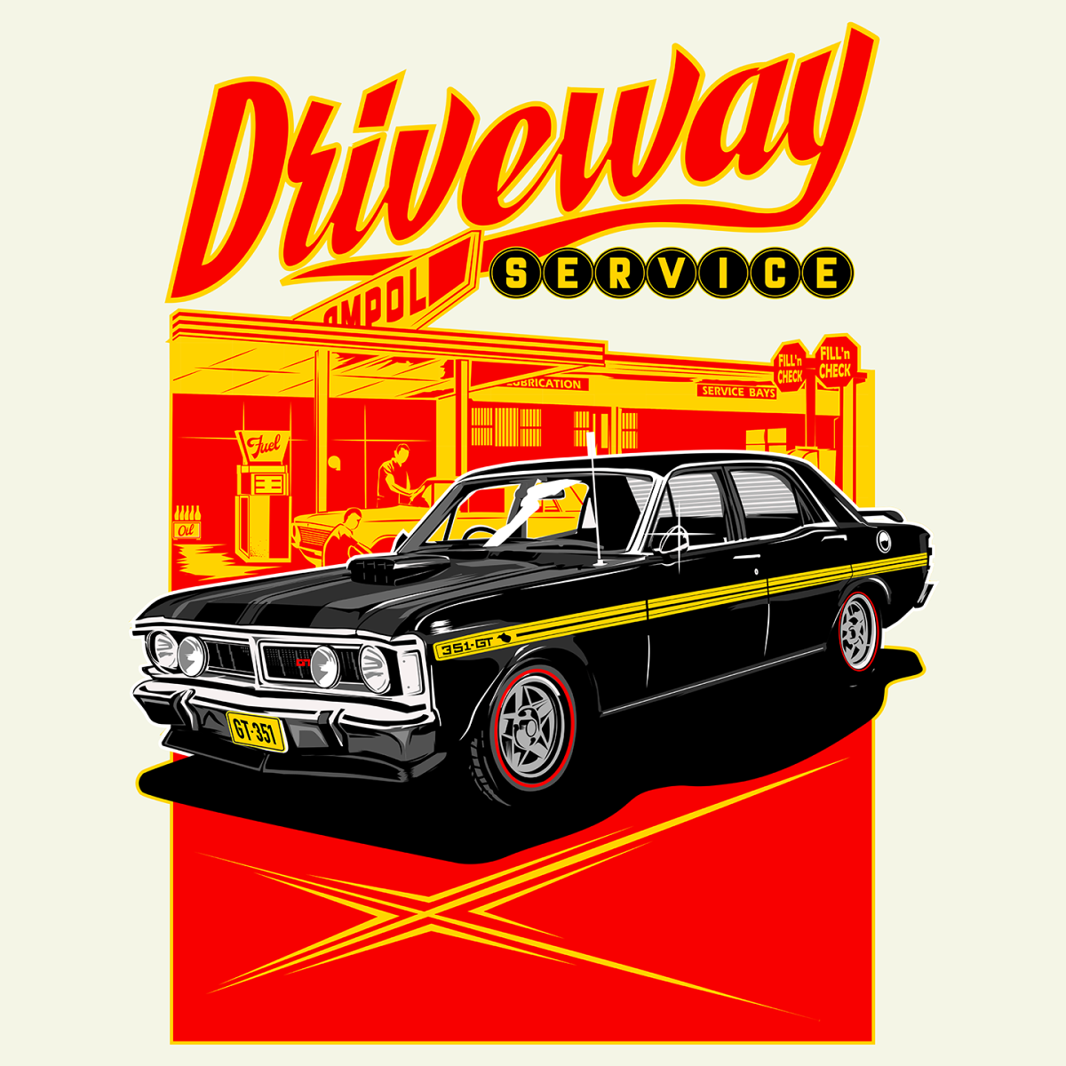 "Capture the thrill of Australian muscle cars with this t-shirt: An illustrated Ford Falcon XY GT HO parked beside a vintage service station, encapsulating the essence of summer journeys and automotive culture."