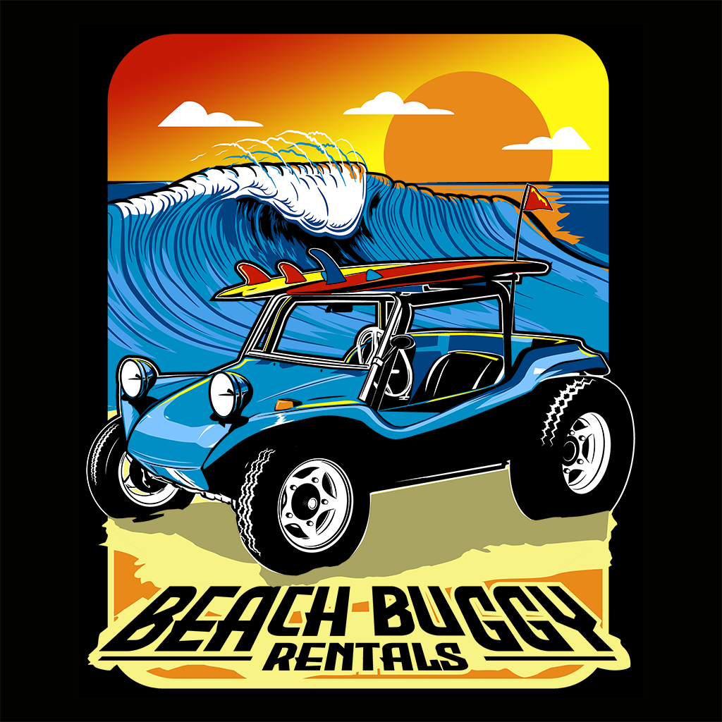 A Manx Beach buggy with large tires and a roll cage parked on the sand in front of a large wave breaking on the shore. The sky is orange and purple as the sun sets behind the horizon printed on 100% black cotton t-shirt