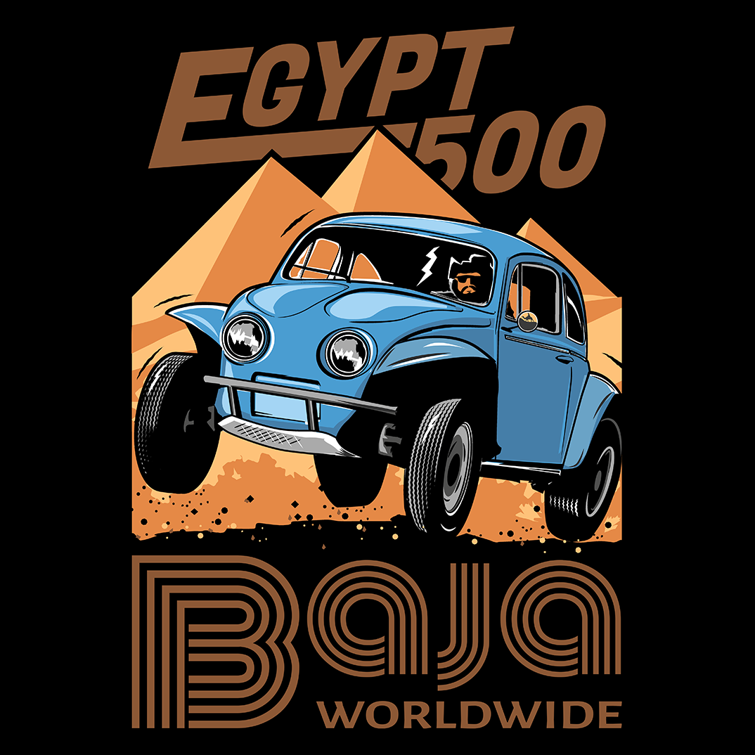 "Threads of Fortune Volkswagen Baja Beetle Adventure T-Shirt - Retro-themed shirt featuring a classic VW Baja Beetle racing through an Egyptian desert landscape, capturing the spirit of '60s and '70s cross country races."