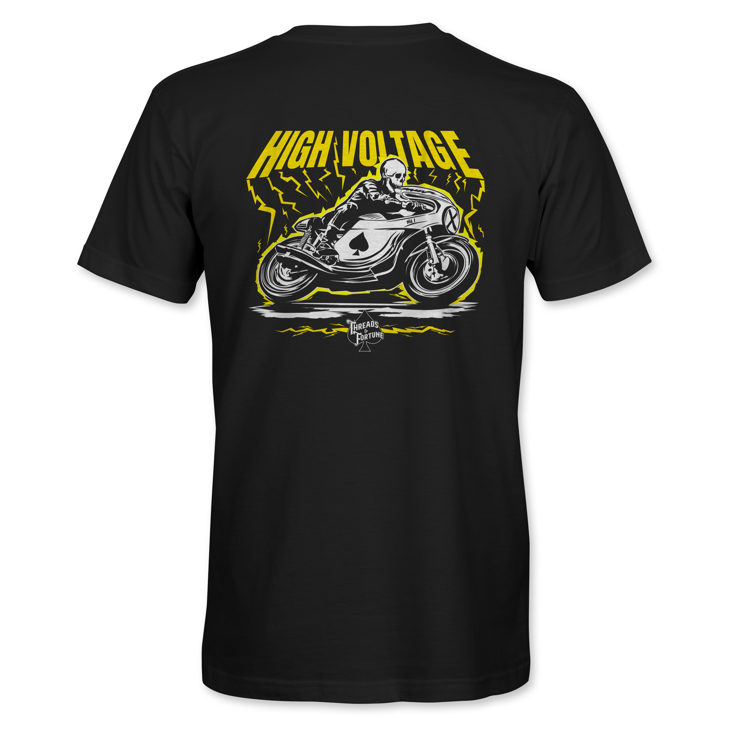 A black t-shirt with a high voltage design featuring a skeleton riding an old school Italian cafe racer motorcycle with electricity sparks