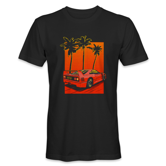 Vintage aesthetic t-shirt: Black cotton canvas adorned with a sunset-infused Ferrari F40 artwork, creating a fusion of classic car admiration and Out Run vibes.