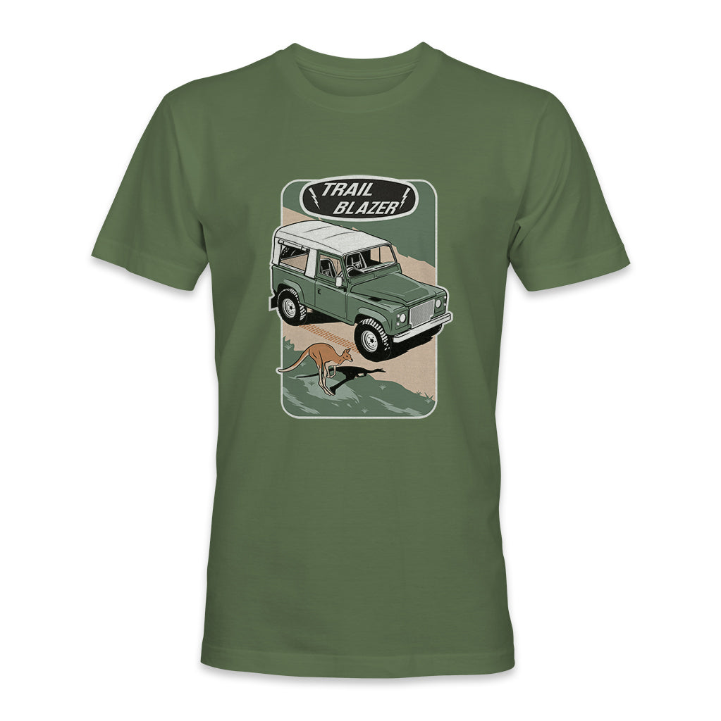 Experience the untamed beauty of the Australian outback with our "Trail Blazer" T-Shirt. This shirt transports you to the world of legendary adventurers like the Leyland Brothers, where rugged Land Rover Defender 90s and encounters with iconic kangaroos were everyday occurrences.