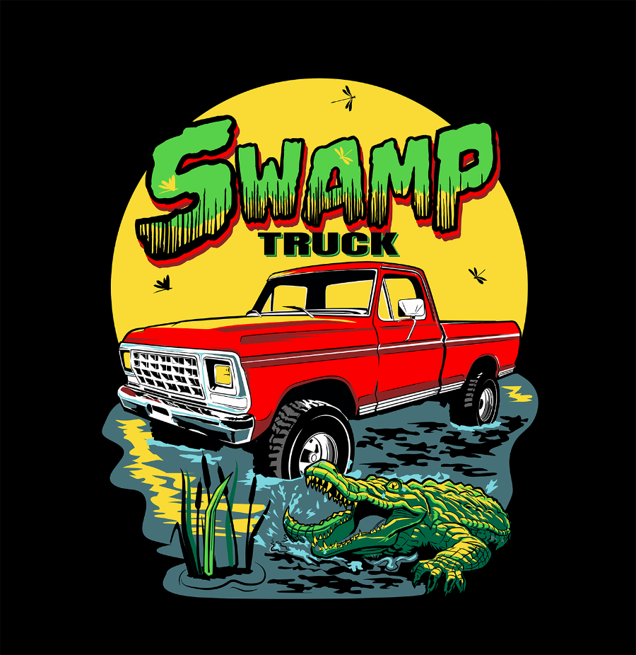 A white t-shirt with a swamp truck design featuring a Ford F100 truck in a swamp with a gator and a logo of a gator’s head. Swamp truck t-shirt in black color with a classic Ford F100 truck sitting in a swamp with a gator and a Swamp Truck title. A t-shirt design of a gator trying to bite a Ford F100 truck in a swamp with a Swamp Truck title and logo in white color.