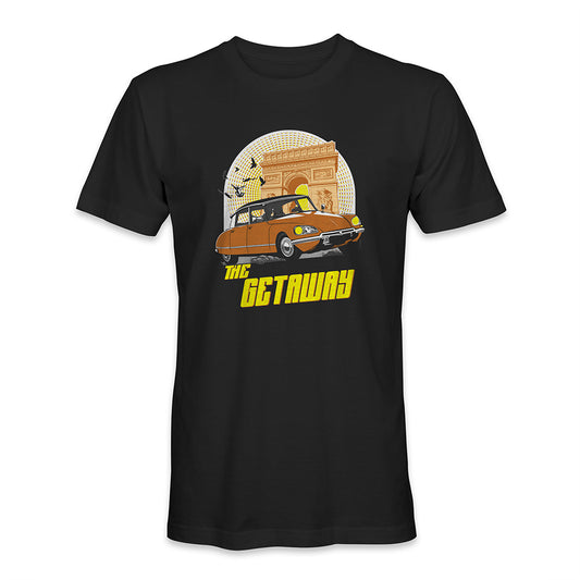 T-shirt image: A Citroën DS screeching its tires on the streets of Paris, capturing the essence of a high-octane French action film, where elegance meets rebellion.