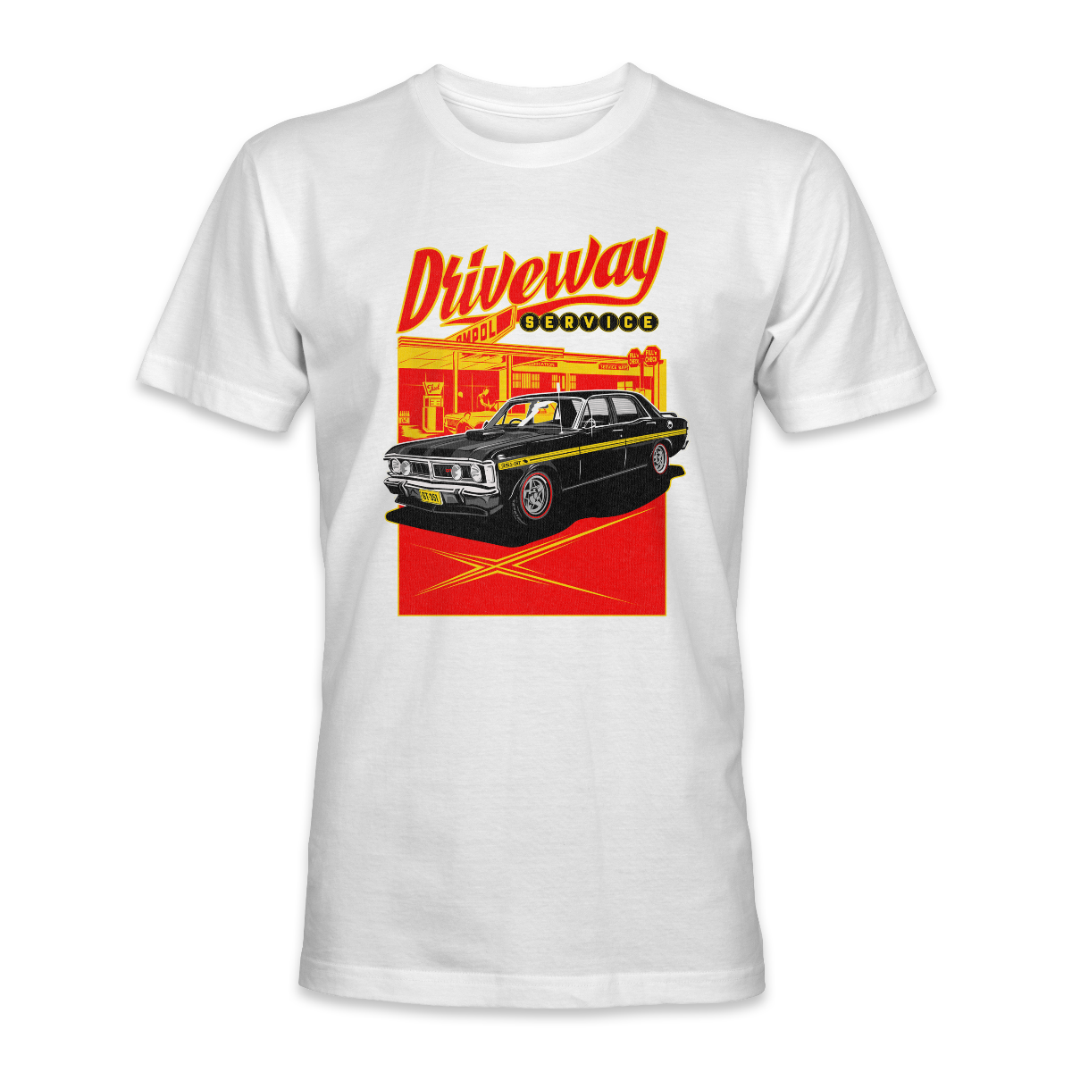 White vintage-style Australian muscle car t-shirt with an illustration of a Ford Falcon XY GT HO in front of a nostalgic service station, capturing the essence of classic road trips and summer vibes