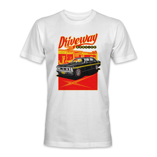 White vintage-style Australian muscle car t-shirt with an illustration of a Ford Falcon XY GT HO in front of a nostalgic service station, capturing the essence of classic road trips and summer vibes