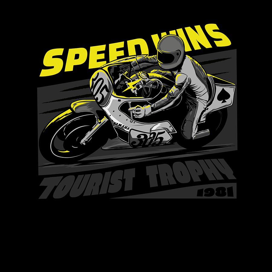 Vintage motorcycle tearing through '80s-style racetrack, sleek fairing, bold text above, nod to Tourist Trophy 1981 below. Captures die-hard fans in freezing conditions, embracing the thrill of vintage racing. Iconic design for those who live for the race.